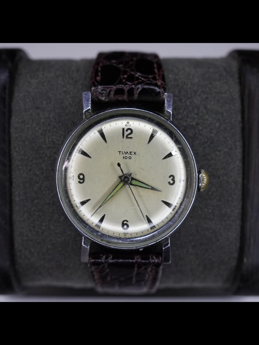 Vintage Timex 100 Mechanical Hand Wind Watch Runs Silver Dial 34mm 1969